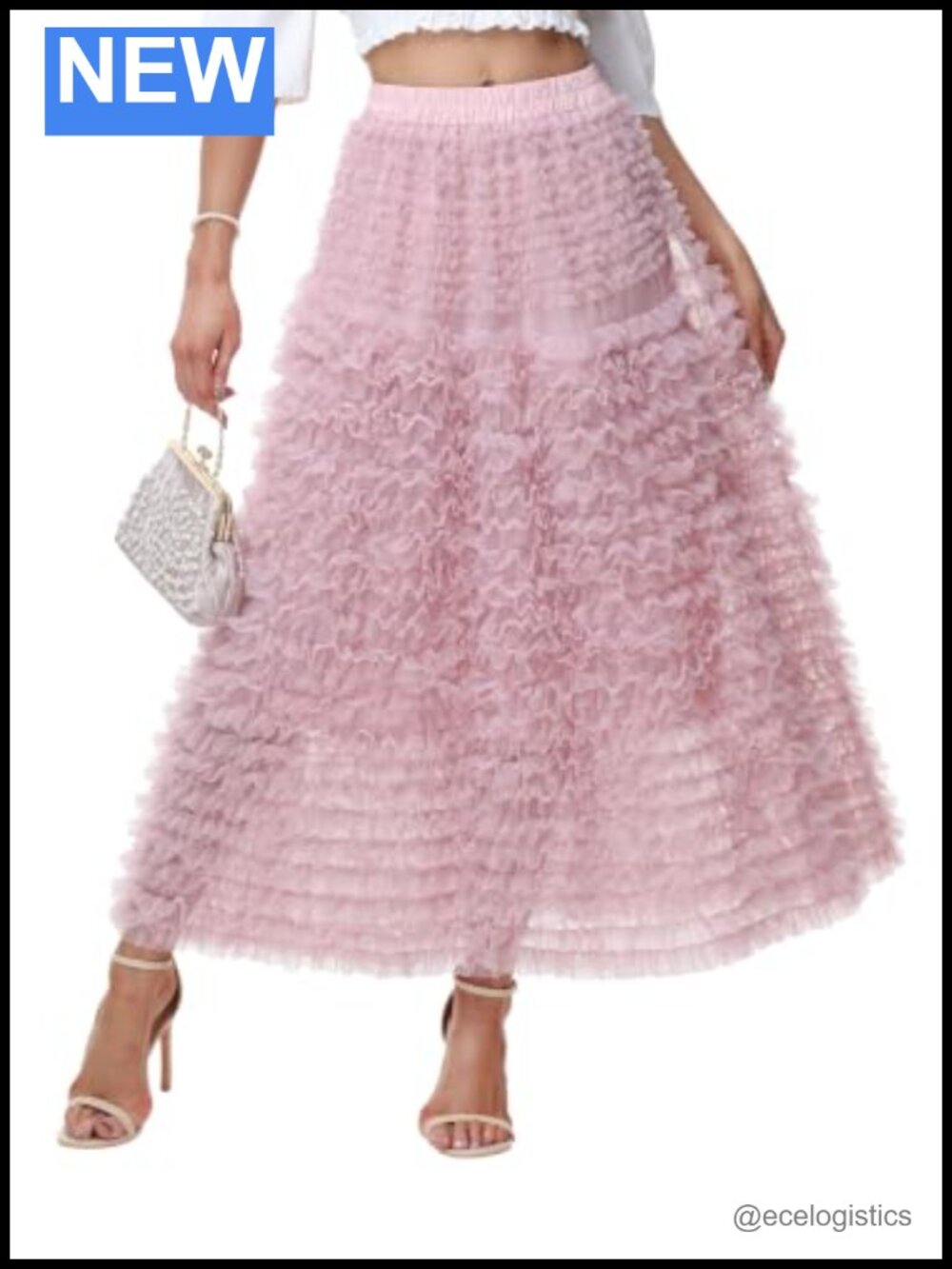 A-Line Tulle Maxi Skirt Women High Waist Pleated Mesh Midi Flowy Ruffle Tiered